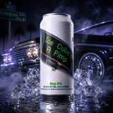 Ice Cube's A Pimp hazy IPA can on ice with a lowrider