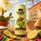 Margarita hard seltzer can on a beach with limes and salt