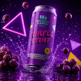 Purple Stuff grape hard soda can with grapes and neon lights